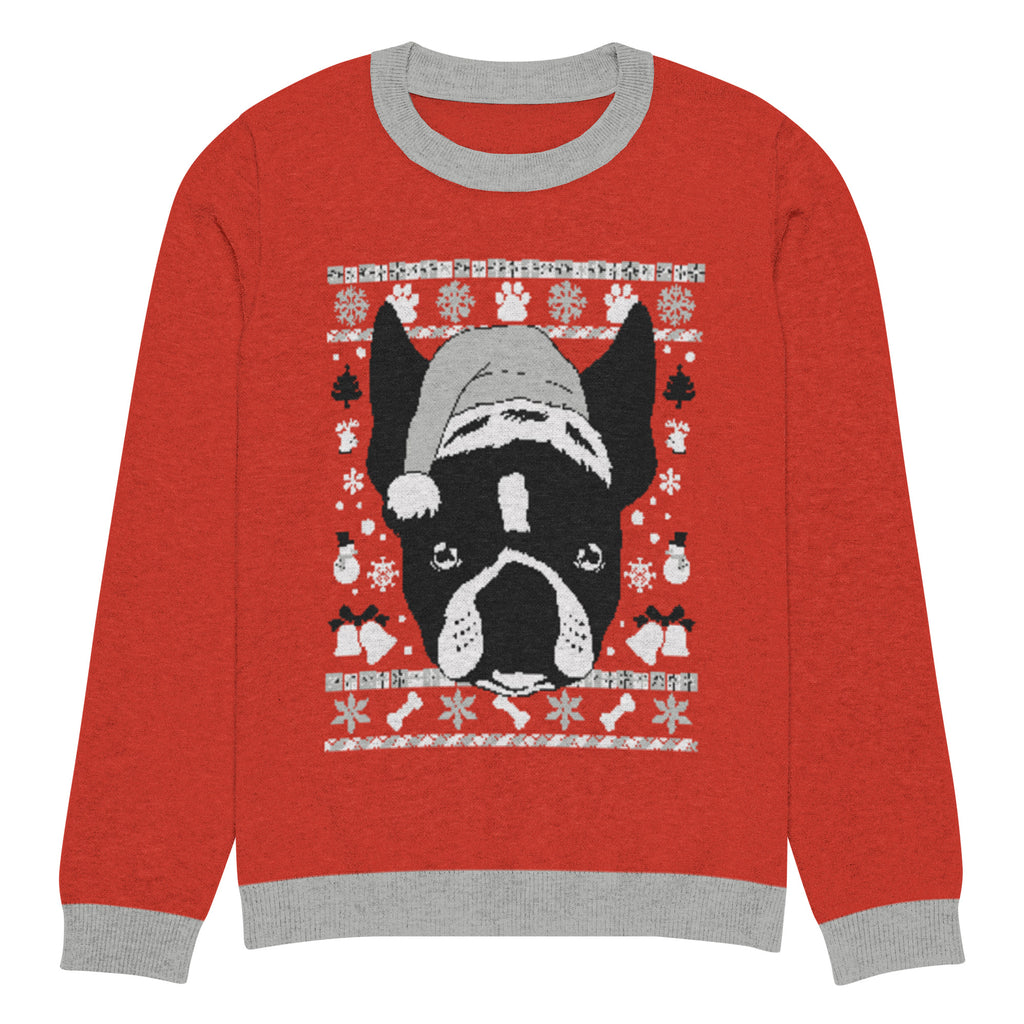 Ugly Christmas Boston Terrier Knitted Crew Neck Sweater - Red and Gray