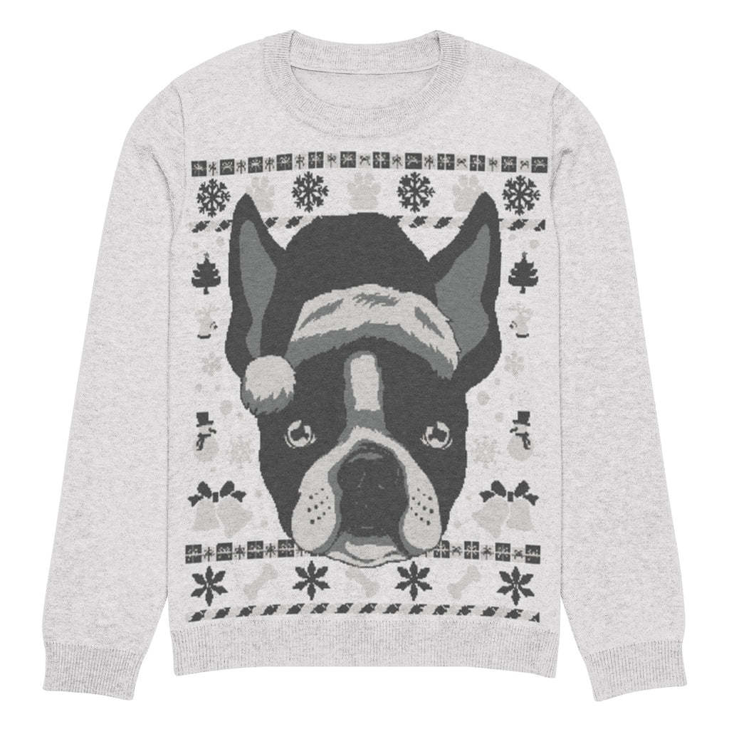 Ugly Christmas Boston Terrier Knitted Crew Neck Sweater - Gray