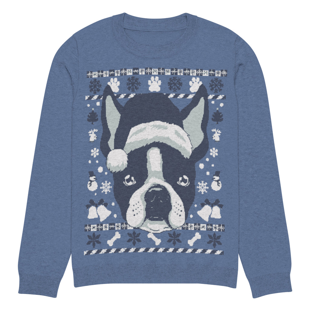 Ugly Christmas Boston Terrier Knitted Crew Neck Sweater - Denim