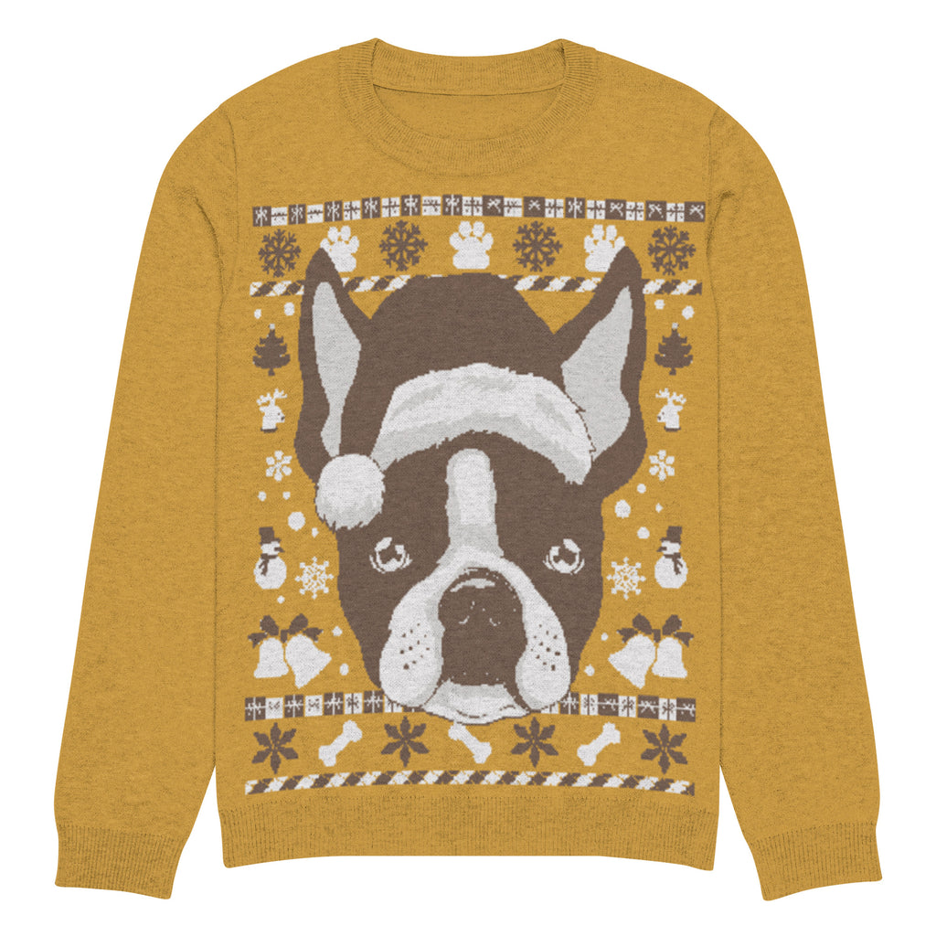 Ugly Christmas Boston Terrier Knitted Crew Neck Sweater - Mustard