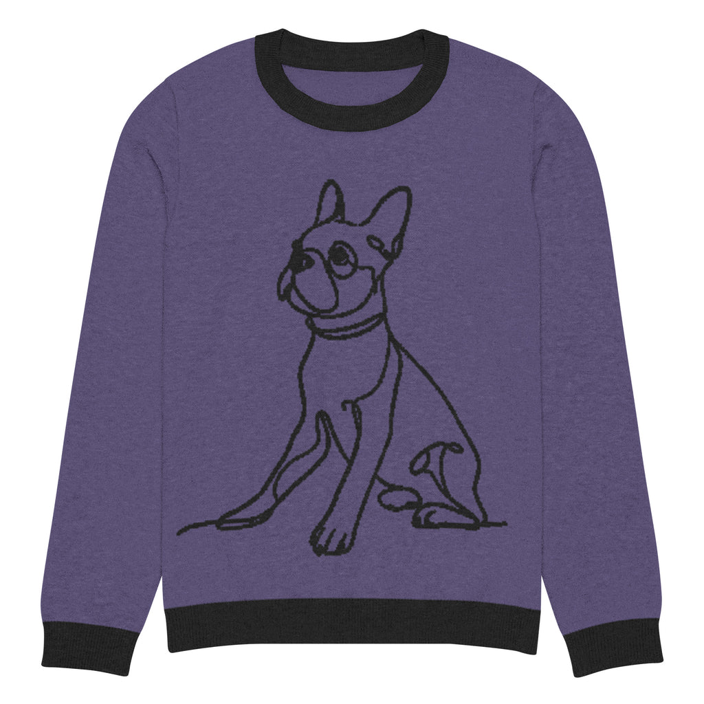 Line Drawn Boston Terrier Dog Knitted Crew Neck Sweater