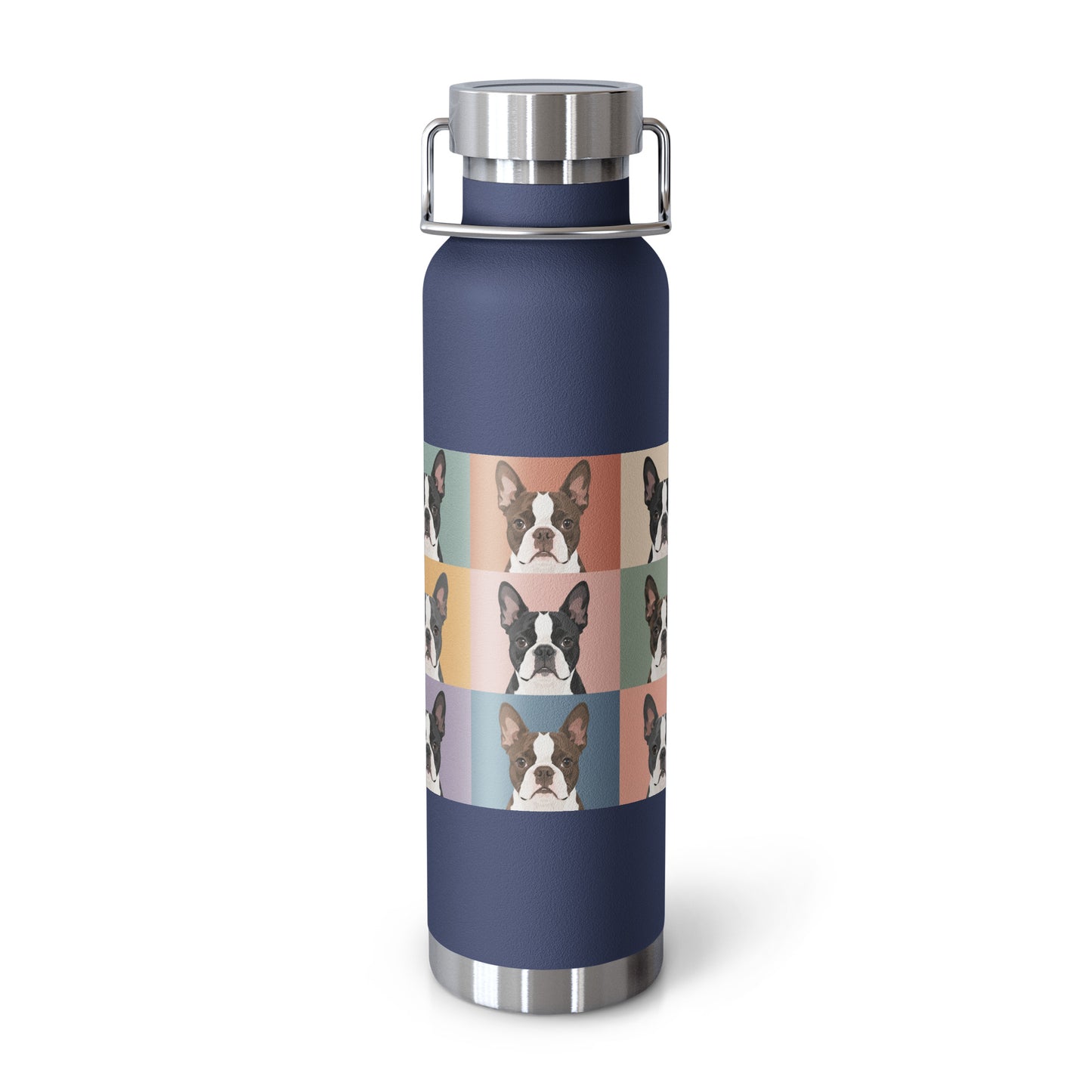 Pop Art Style Colored Boston Terriers Modern Tiles Pattern Copper Vacuum Insulated Bottle . Navy