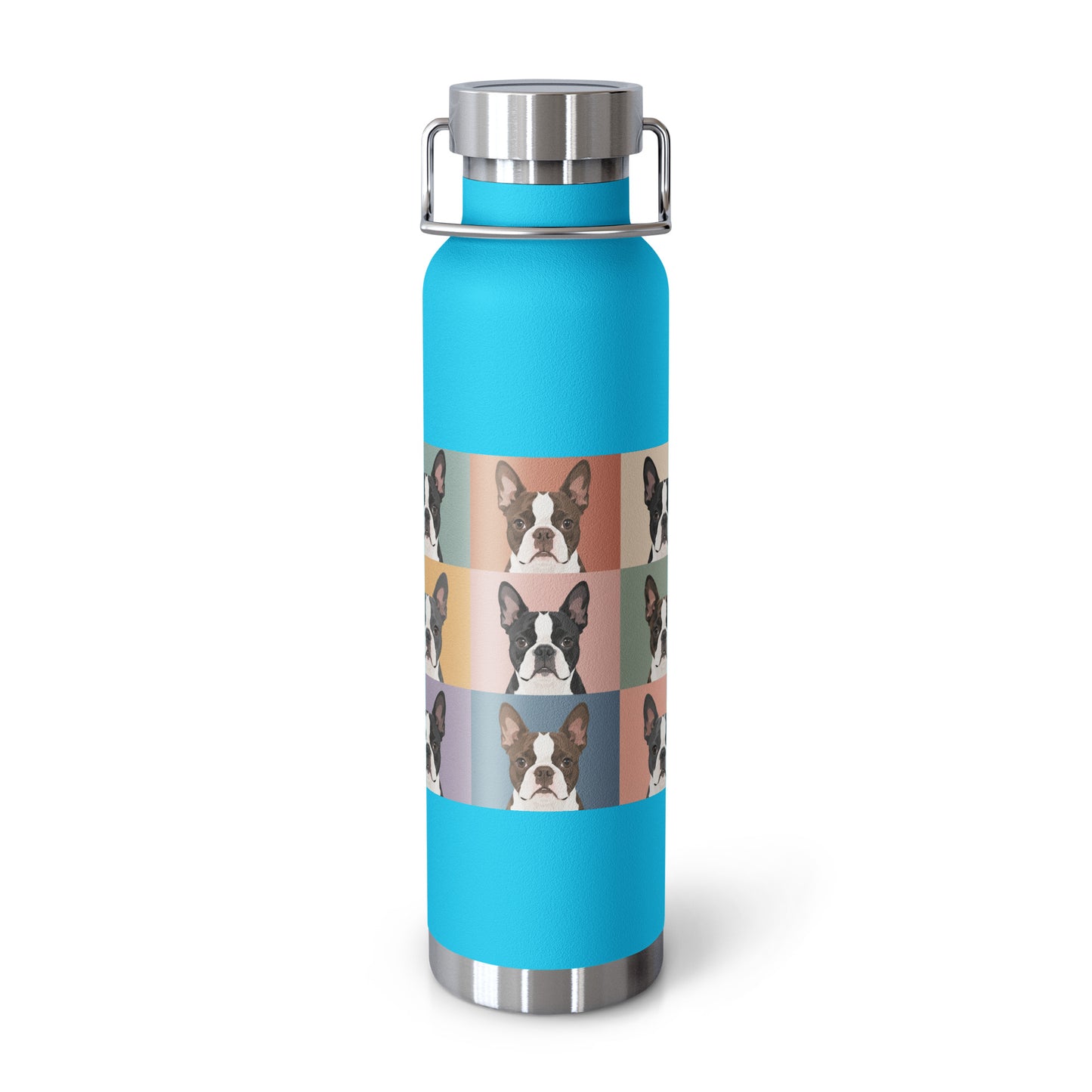Pop Art Style Colored Boston Terriers Modern Tiles Pattern Copper Vacuum Insulated Bottle . Pebble Blue