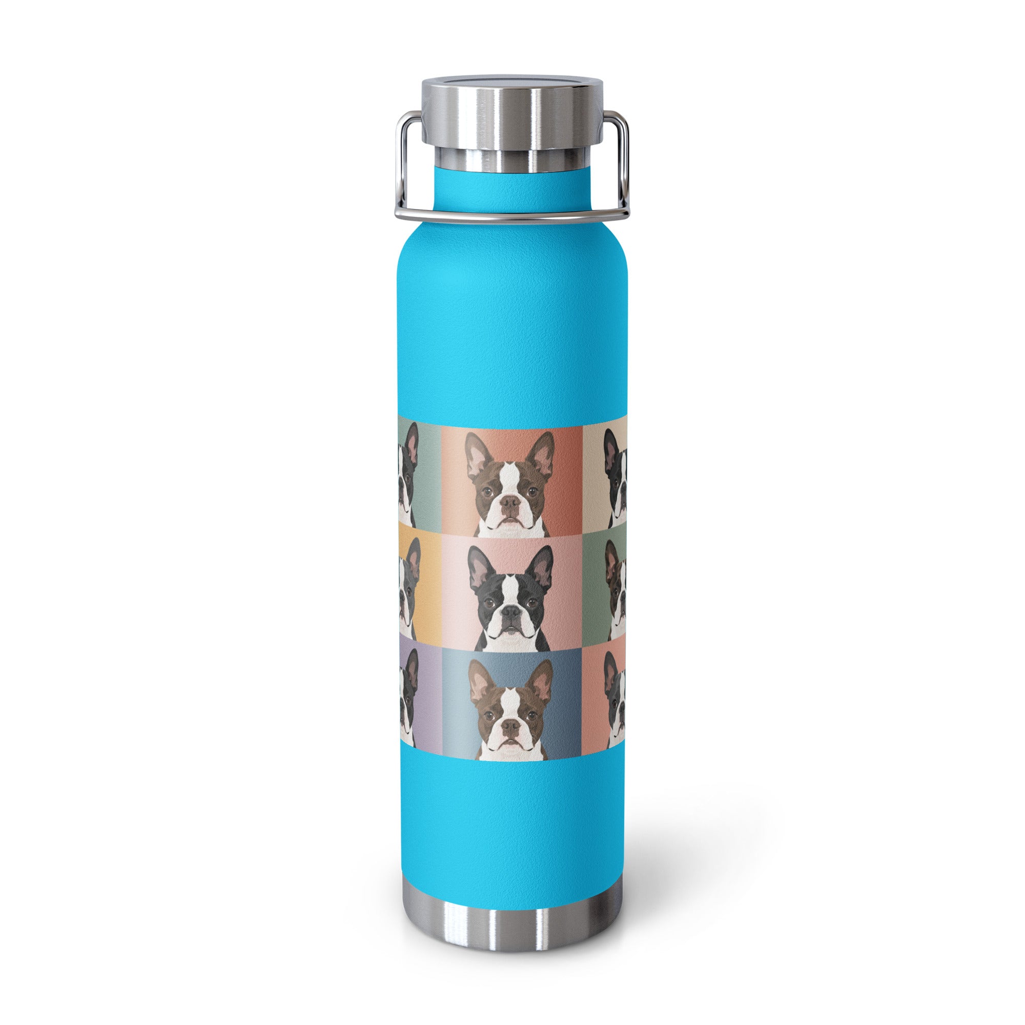 Pop Art Style Colored Boston Terriers Modern Tiles Pattern Copper Vacuum Insulated Bottle . Pebble Blue