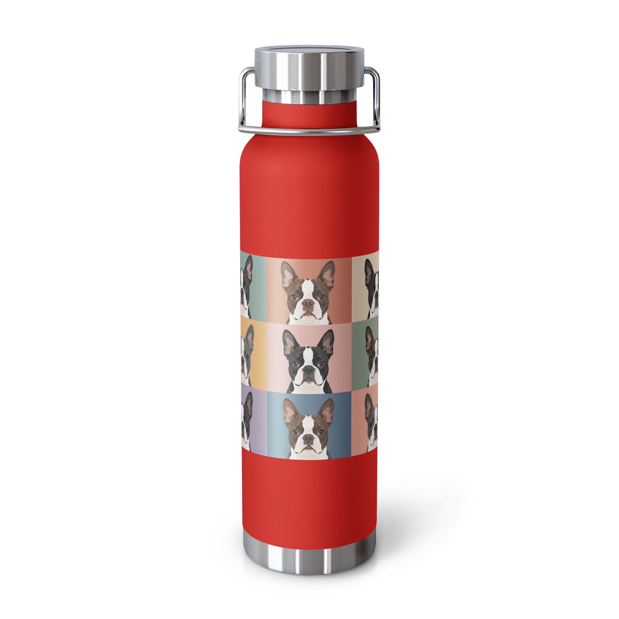 Pop Art Style Colored Boston Terriers Modern Tiles Pattern Copper Vacuum Insulated Bottle . Red