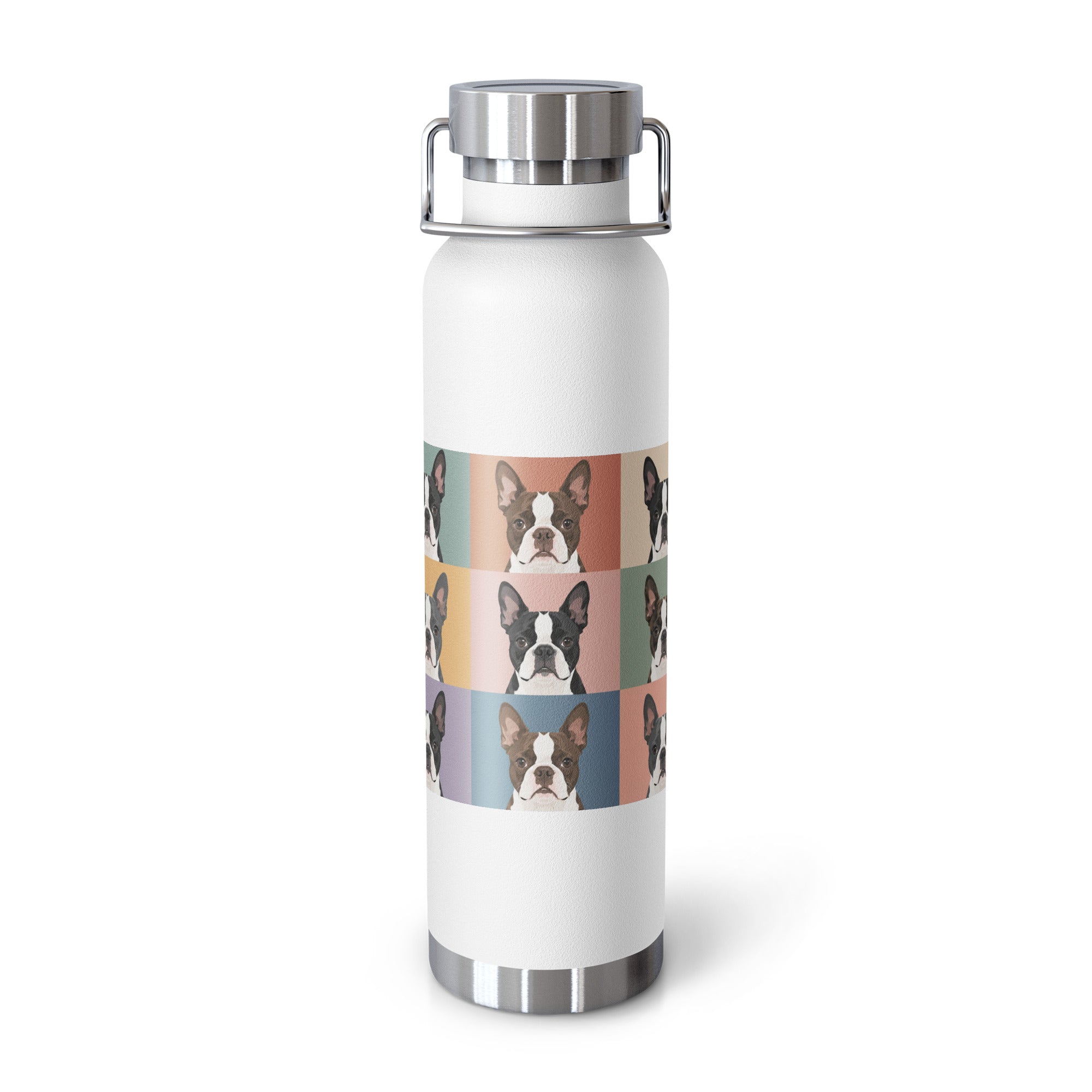 Pop Art Style Colored Boston Terriers Modern Tiles Pattern Copper Vacuum Insulated Bottle . White