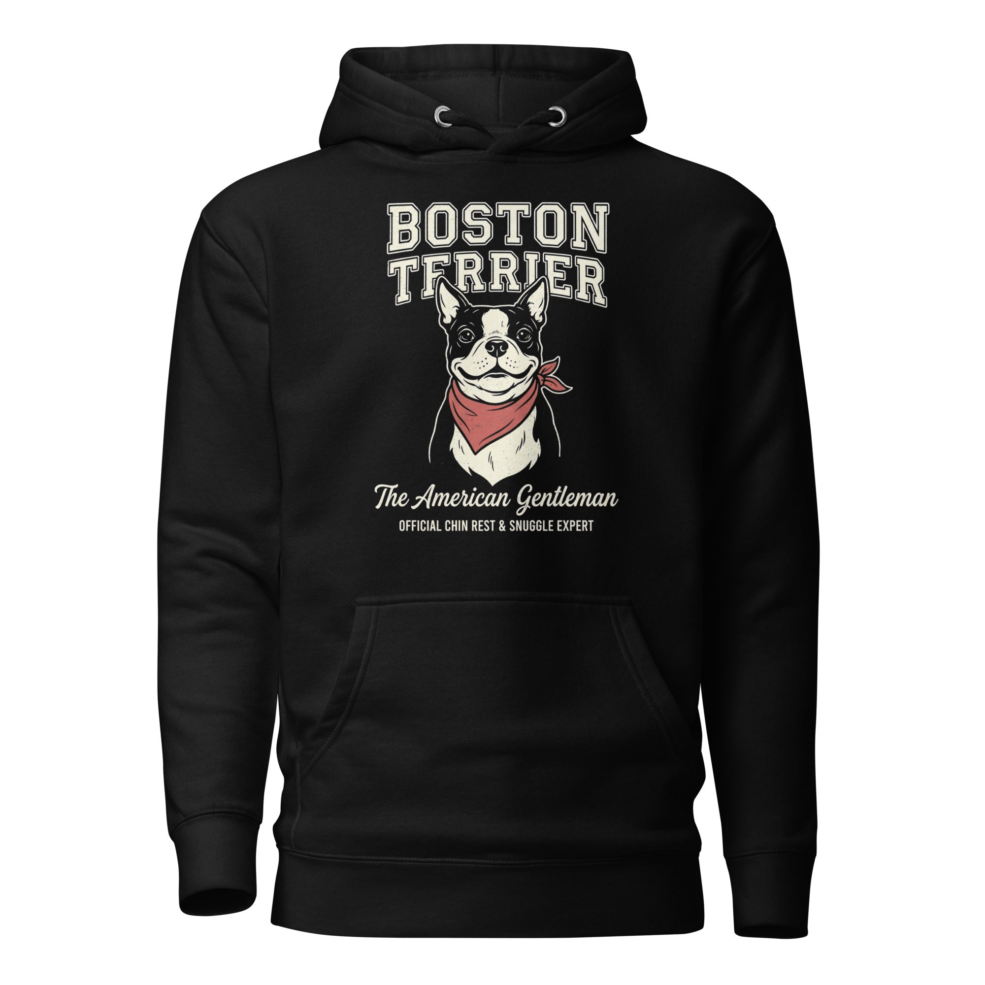 Boston Terrier “The American Gentleman” Chin Rest & Snuggle Expert Unisex Hoodie . Black
