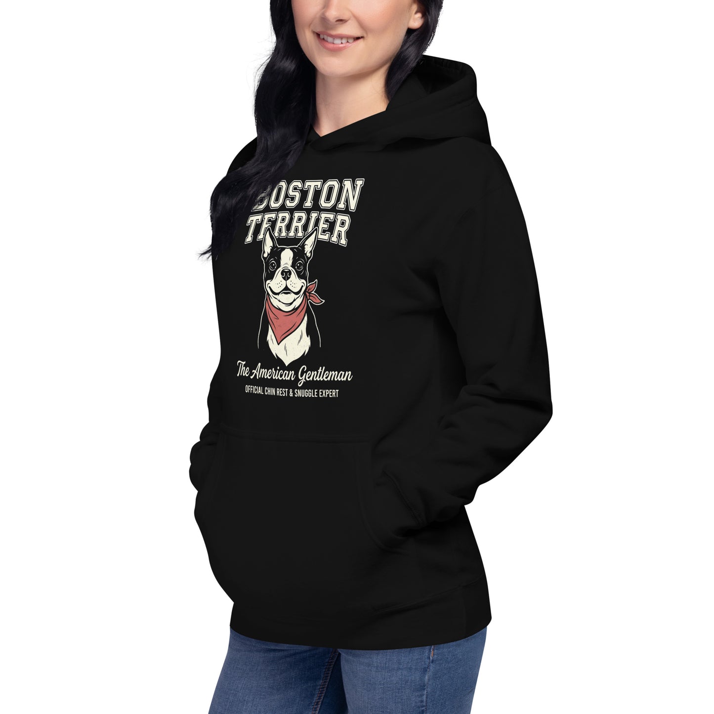 Boston Terrier “The American Gentleman” Chin Rest & Snuggle Expert Unisex Hoodie .