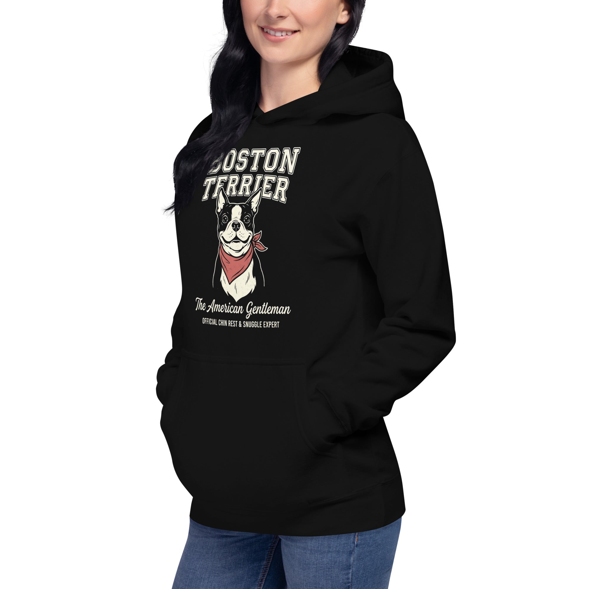 Boston Terrier “The American Gentleman” Chin Rest & Snuggle Expert Unisex Hoodie .