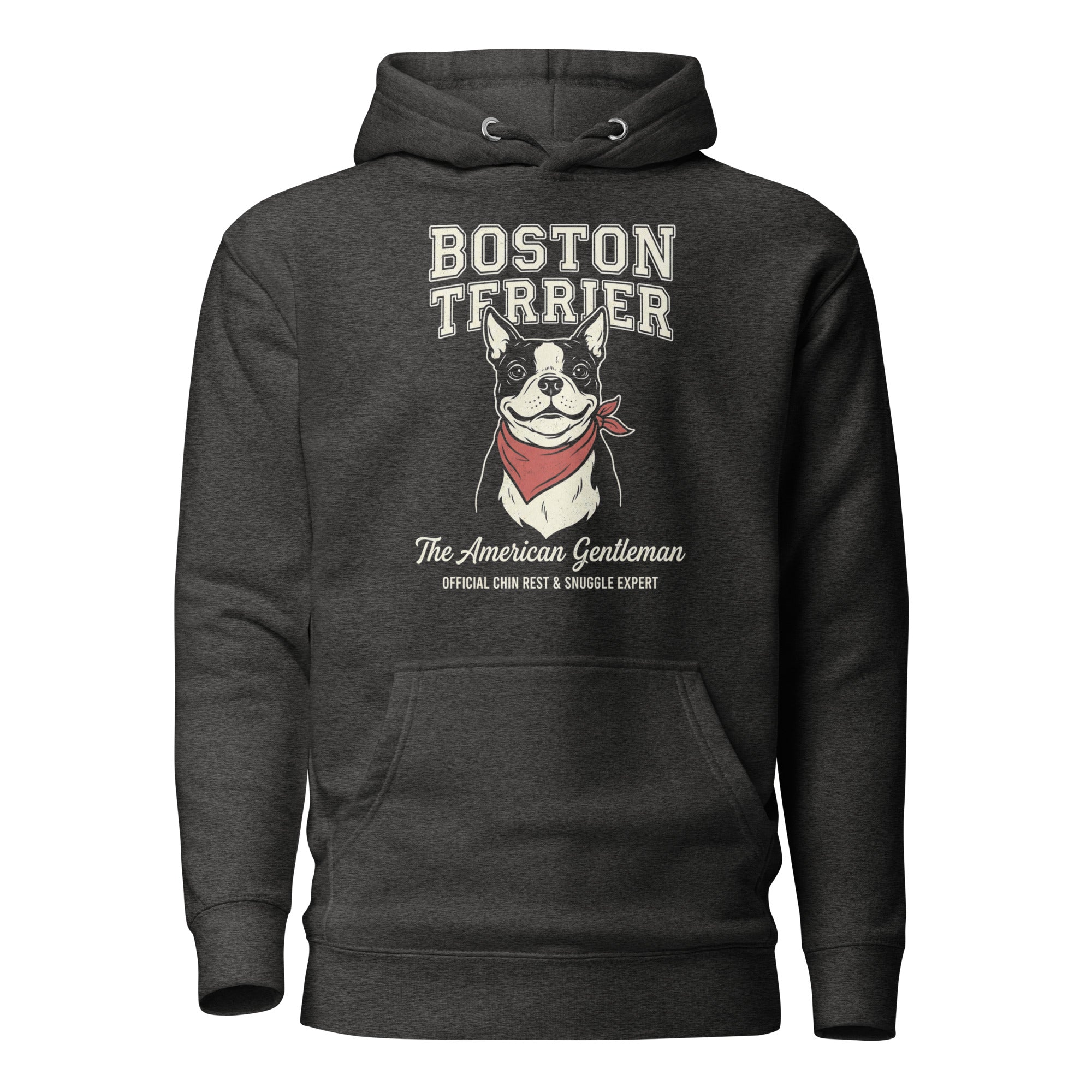 Boston Terrier “The American Gentleman” Chin Rest & Snuggle Expert Unisex Hoodie . Charcoal Heather