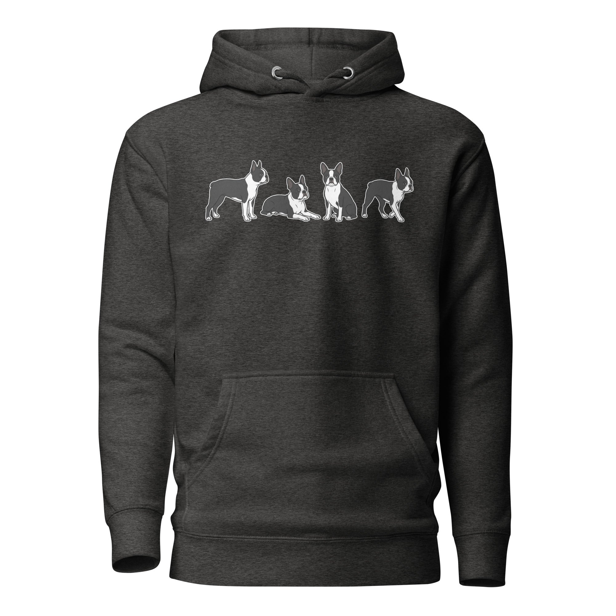 4 Boston Terrier Poses Unisex Hoodie . Charcoal Heather