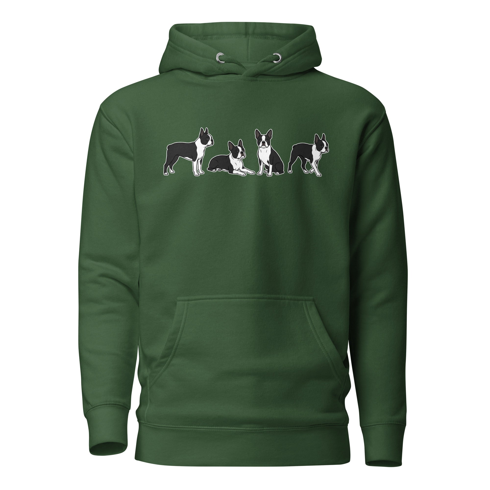 4 Boston Terrier Poses Unisex Hoodie . Forest Green