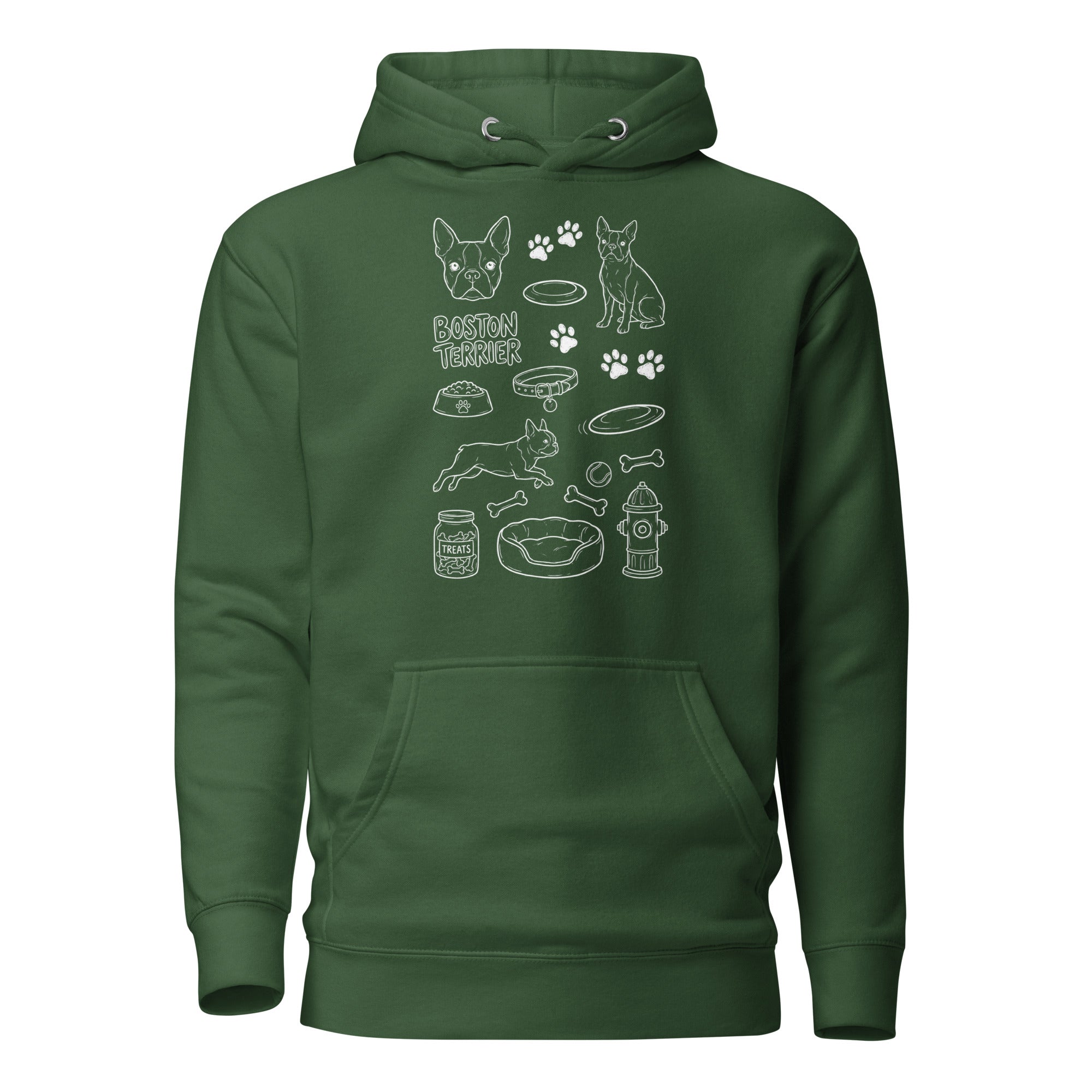 Boston Terrier Doodle Dog Lover Unisex Hoodie . Forest Green