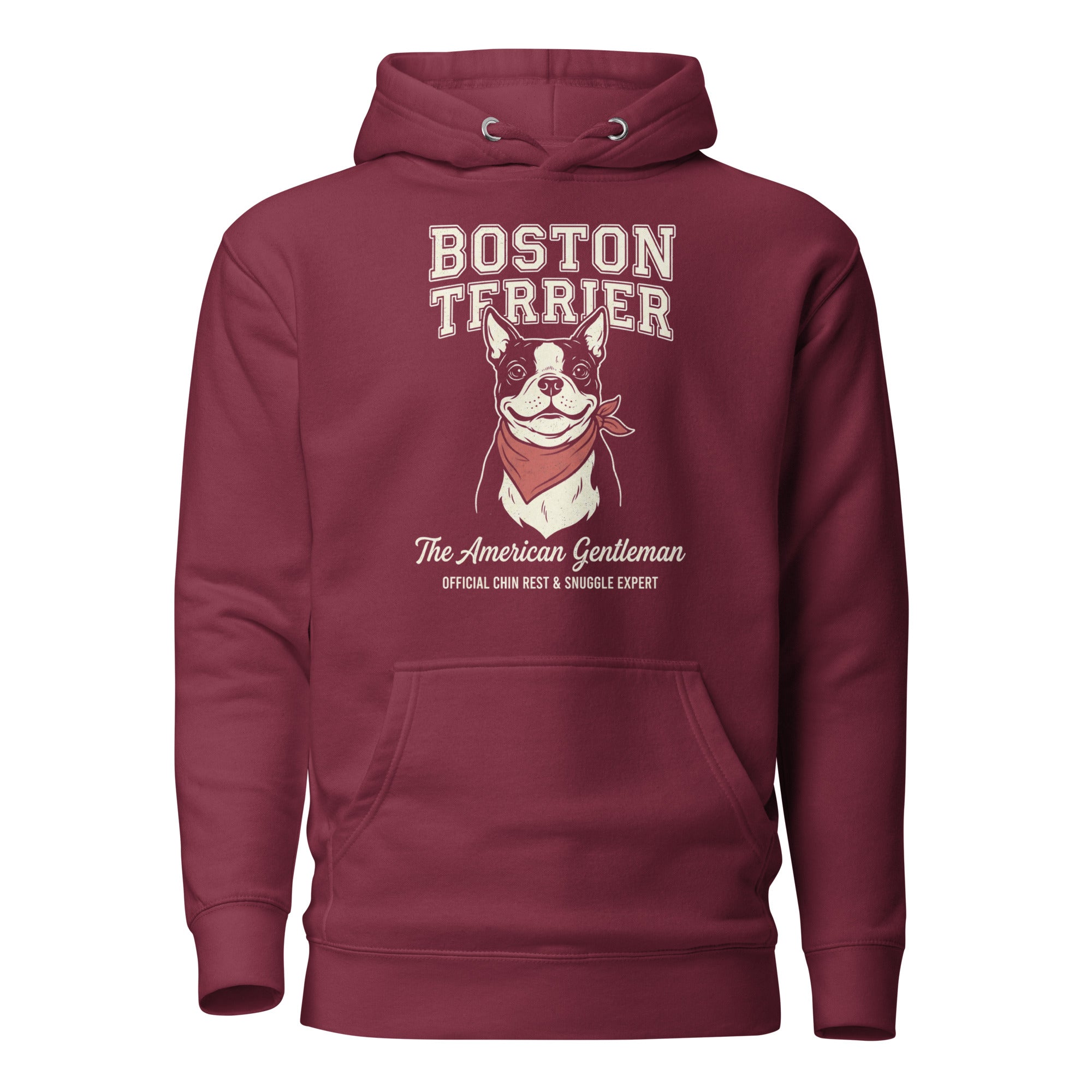 Boston Terrier “The American Gentleman” Chin Rest & Snuggle Expert Unisex Hoodie . Maroon