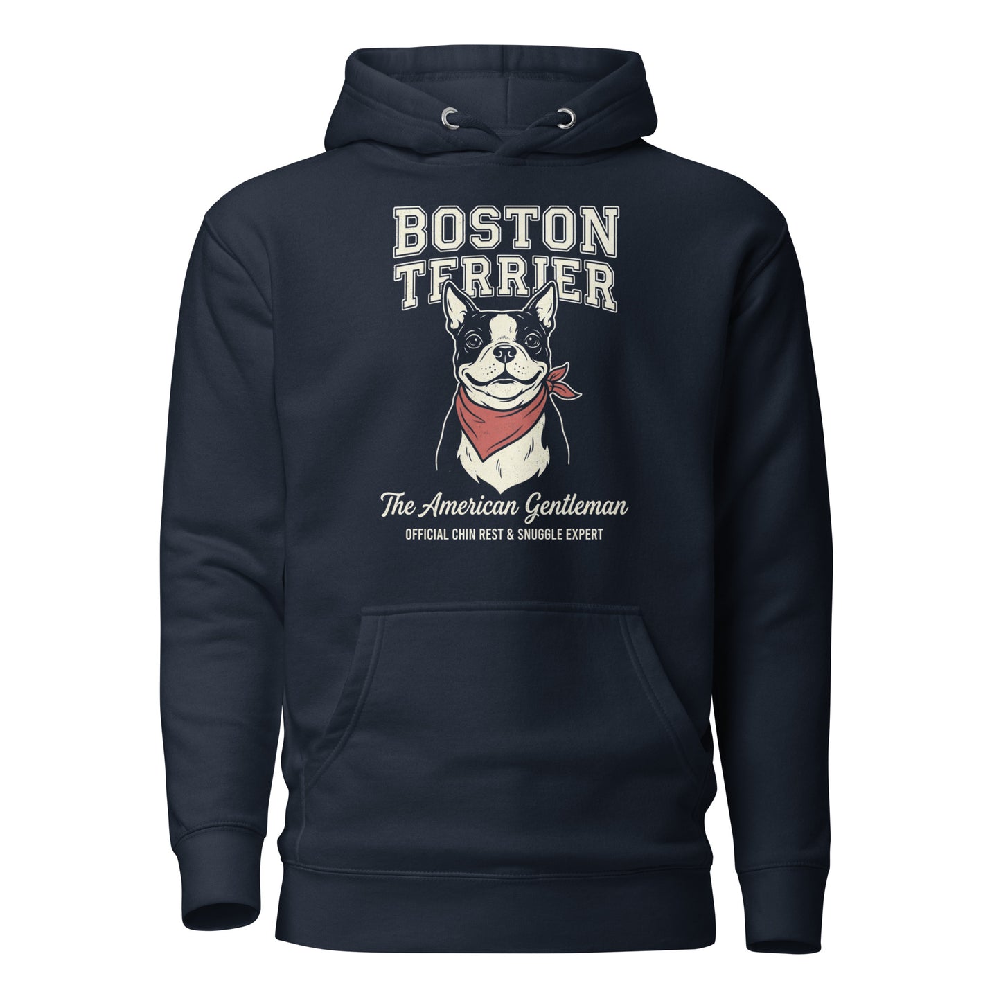 Boston Terrier “The American Gentleman” Chin Rest & Snuggle Expert Unisex Hoodie . Navy Blazer