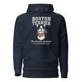 Boston Terrier “The American Gentleman” Chin Rest & Snuggle Expert Unisex Hoodie . Navy Blazer
