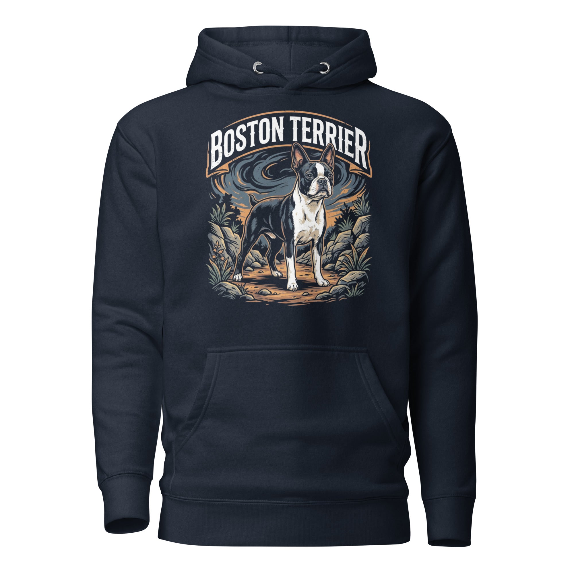 Boston Terrier Wilderness Guardian Unisex Hoodie . Navy Blazer
