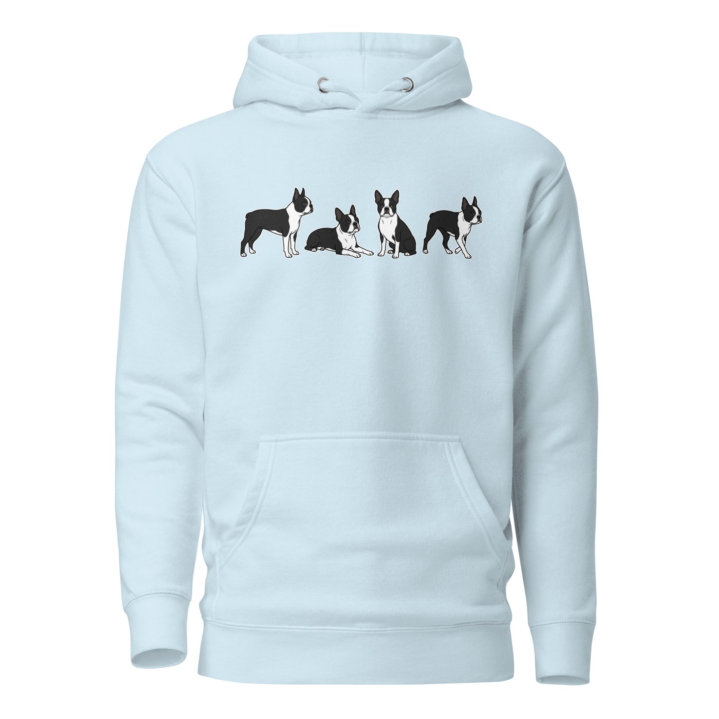 4 Boston Terrier Poses Unisex Hoodie . Sky Blue