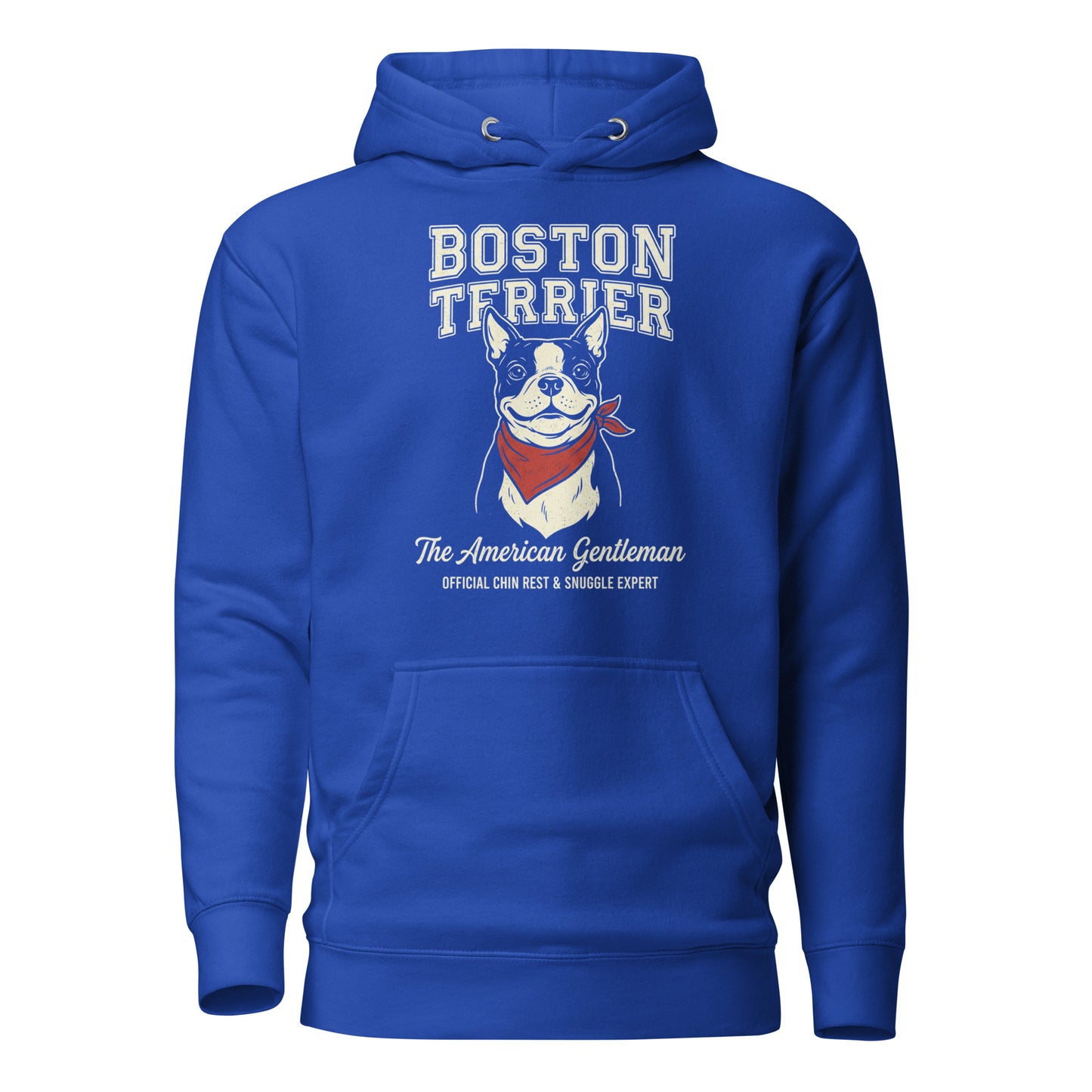 Boston Terrier “The American Gentleman” Chin Rest & Snuggle Expert Unisex Hoodie . Team Royal