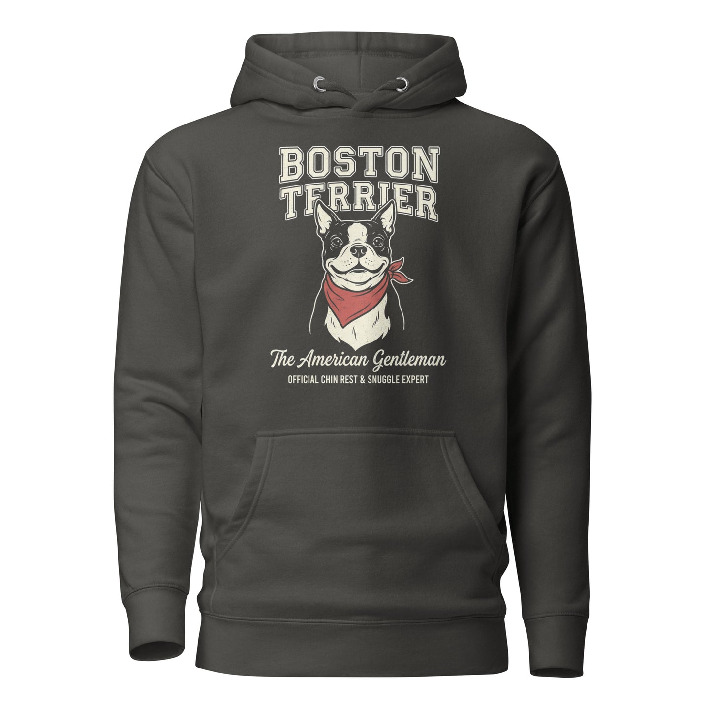 Boston Terrier “The American Gentleman” Chin Rest & Snuggle Expert Unisex Hoodie . Vintage Black