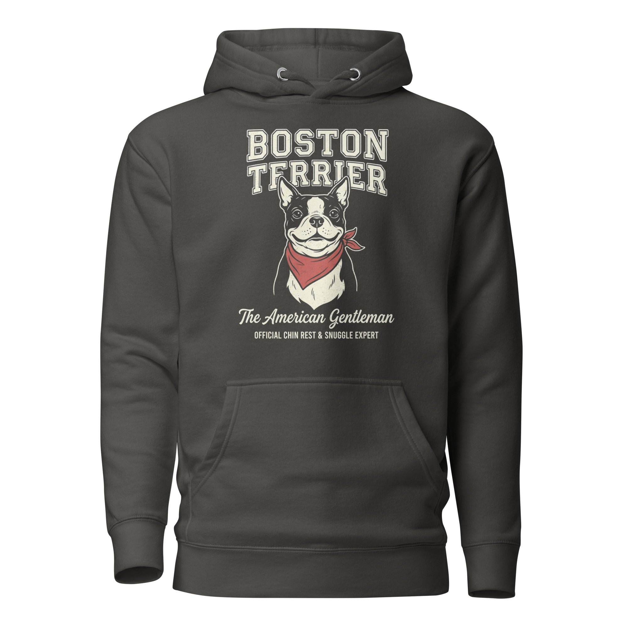 Boston Terrier “The American Gentleman” Chin Rest & Snuggle Expert Unisex Hoodie . Vintage Black