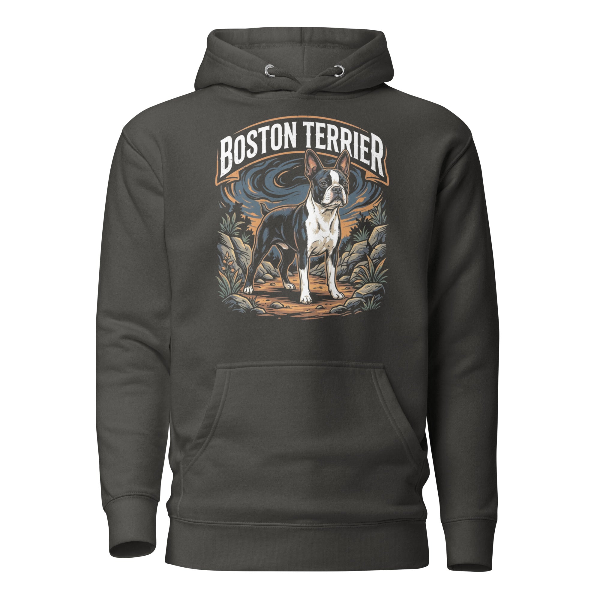 Boston Terrier Wilderness Guardian Unisex Hoodie . Vintage Black