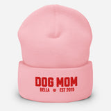 Custom Dog Mom with Dog Name Embroidered Cuffed Beanie . Baby Pink