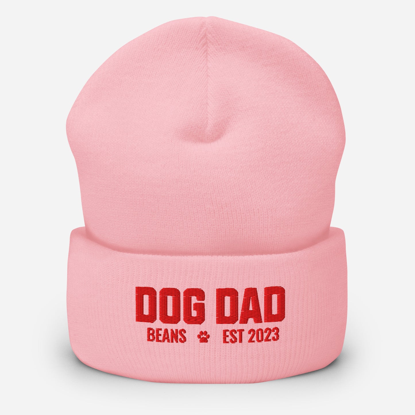 Custom Dog Dad with Dog Name Embroidered Cuffed Beanie . Baby Pink