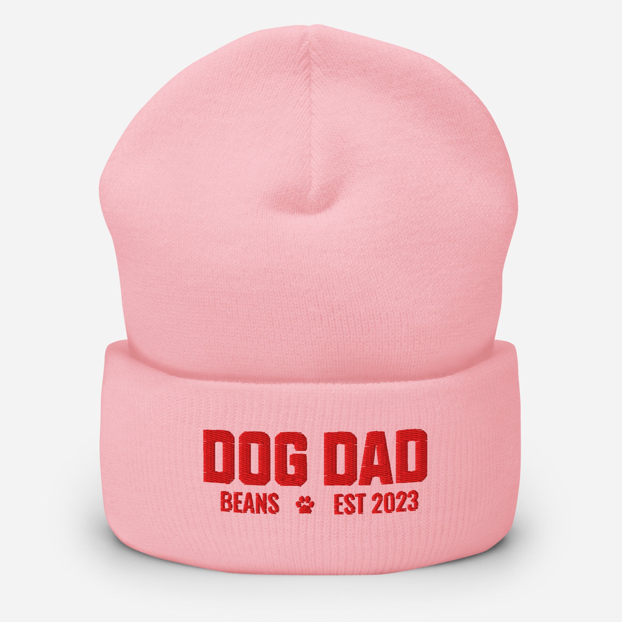 Custom Dog Dad with Dog Name Embroidered Cuffed Beanie . Baby Pink