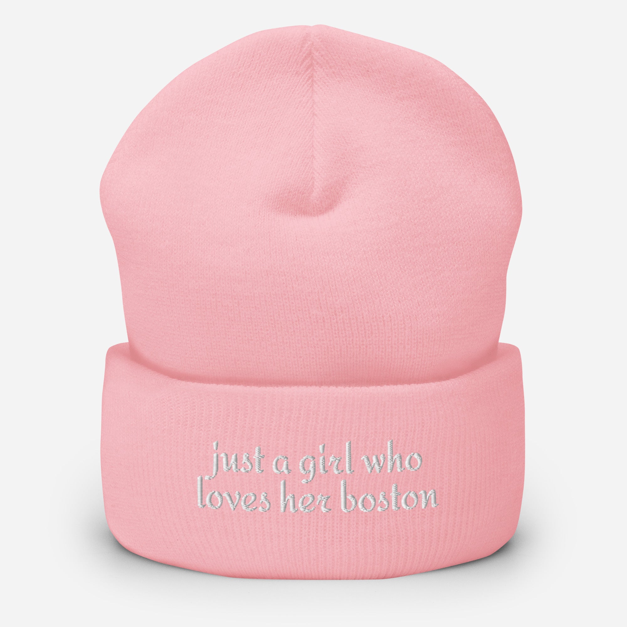 Just A Girl Who Loves Her Boston Cuffed Beanie . Baby Pink