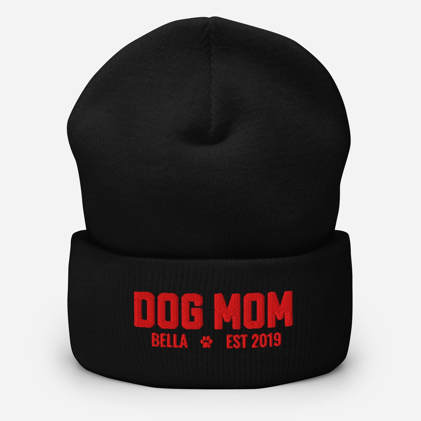 Custom Dog Mom with Dog Name Embroidered Cuffed Beanie . Black