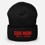 Custom Dog Mom with Dog Name Embroidered Cuffed Beanie . Black