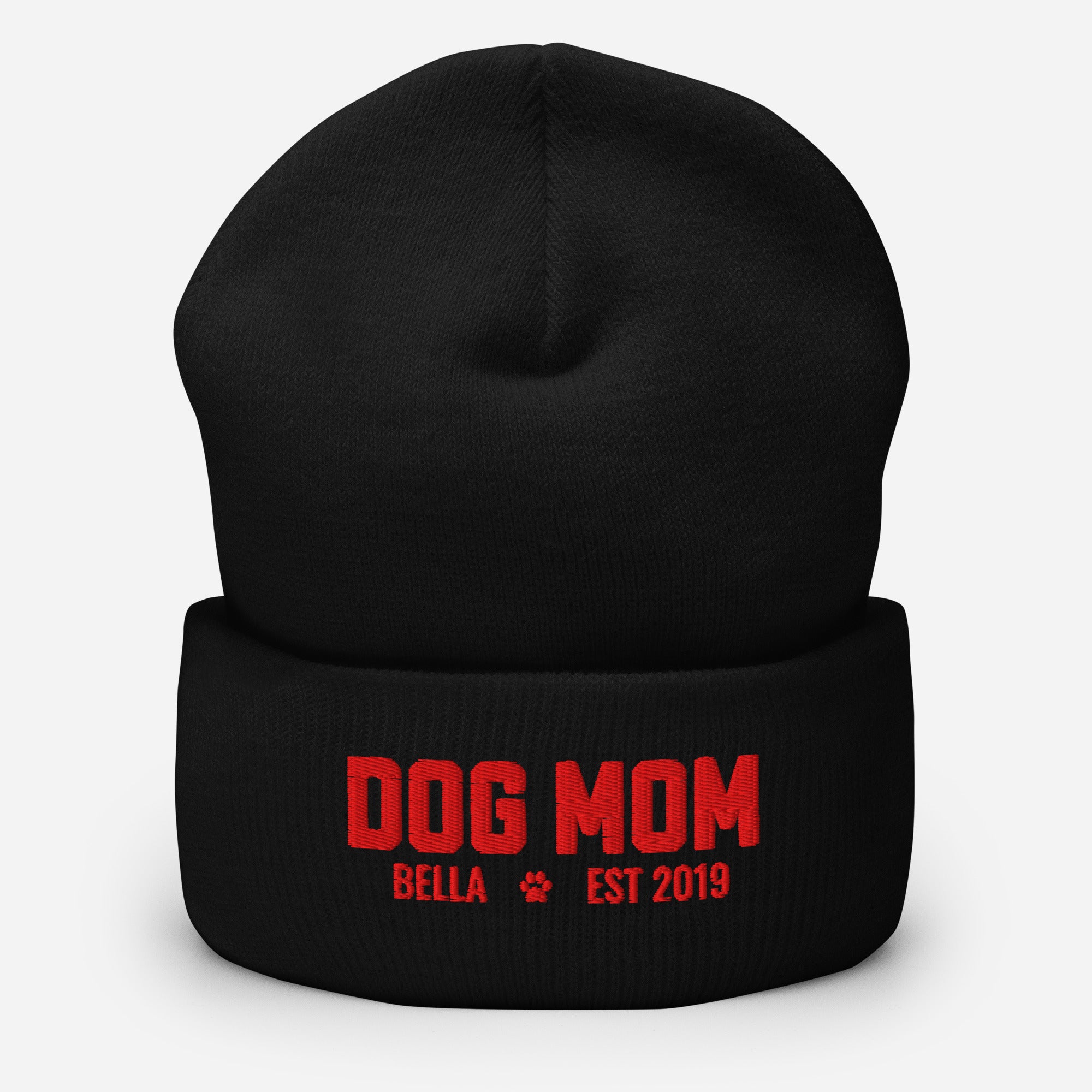 Custom Dog Mom with Dog Name Embroidered Cuffed Beanie . Black