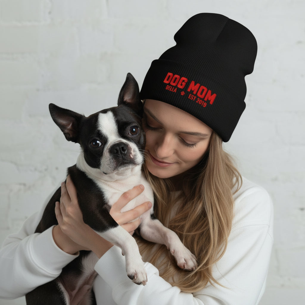 Custom Dog Mom with Dog Name Embroidered Cuffed Beanie .