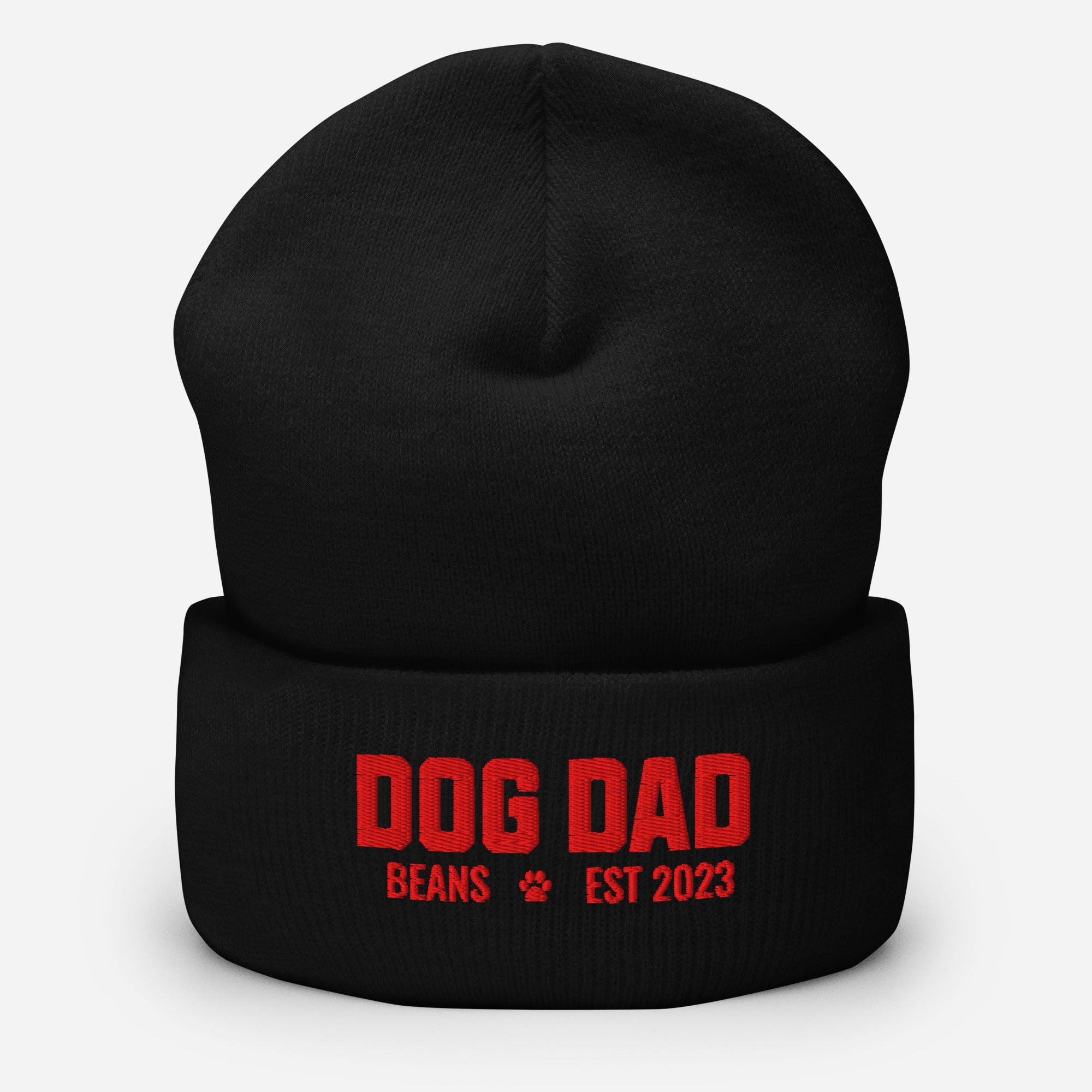 Custom Dog Dad with Dog Name Embroidered Cuffed Beanie . Black