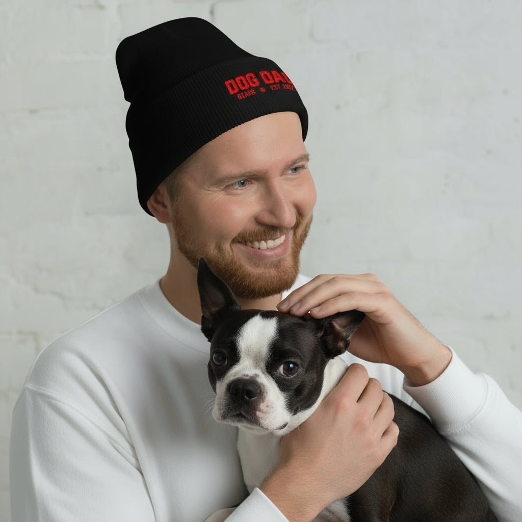 Custom Dog Dad with Dog Name Embroidered Cuffed Beanie .