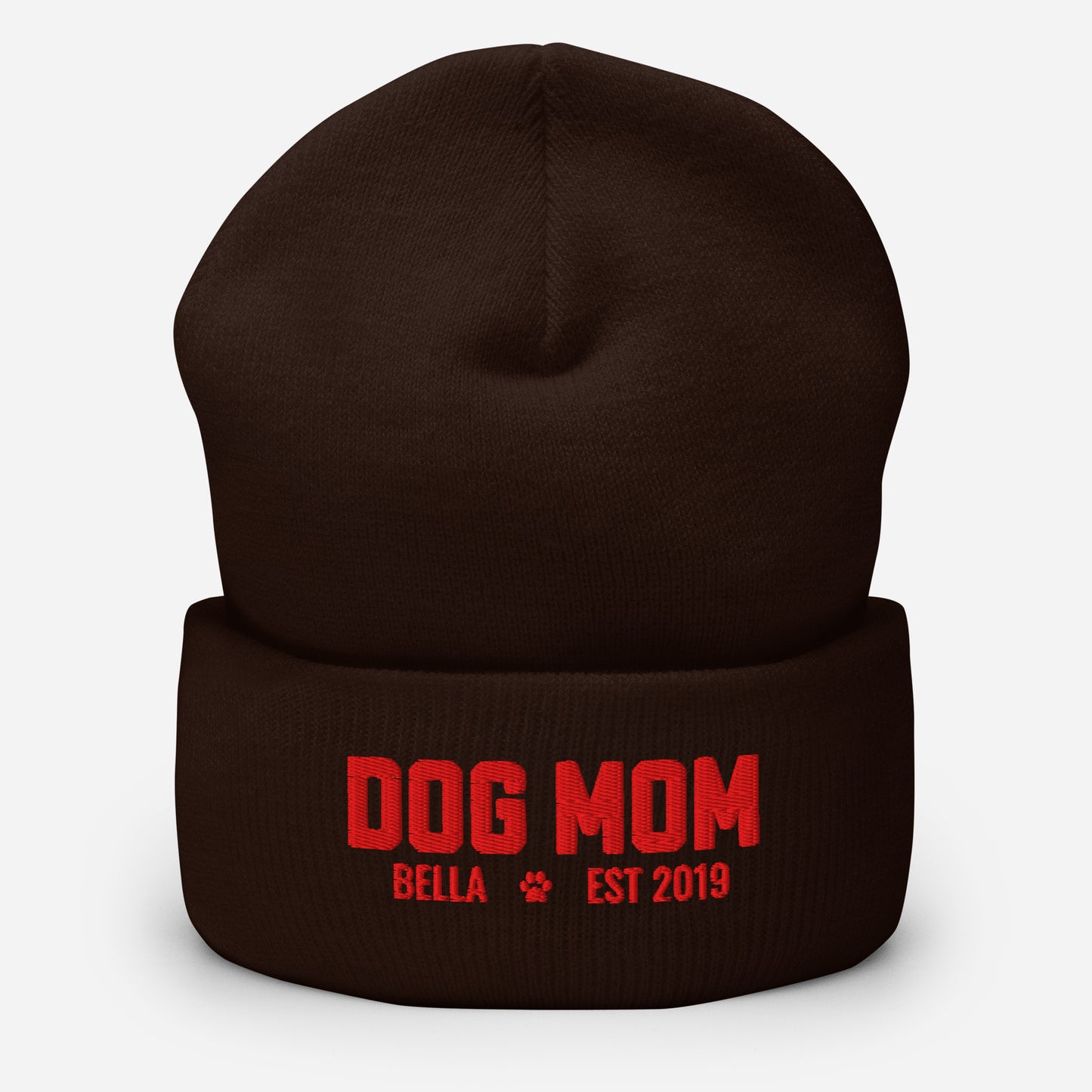 Custom Dog Mom with Dog Name Embroidered Cuffed Beanie . Brown