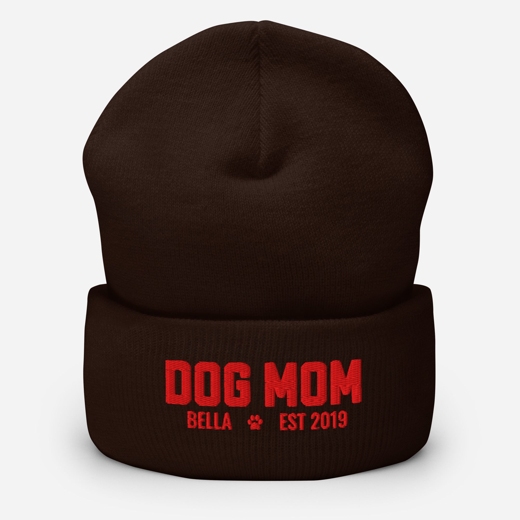 Custom Dog Mom with Dog Name Embroidered Cuffed Beanie . Brown