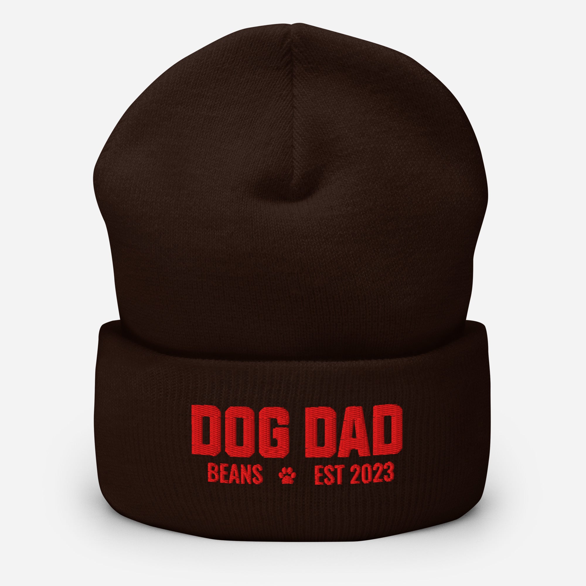 Custom Dog Dad with Dog Name Embroidered Cuffed Beanie . Brown