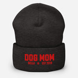 Custom Dog Mom with Dog Name Embroidered Cuffed Beanie . Dark Grey