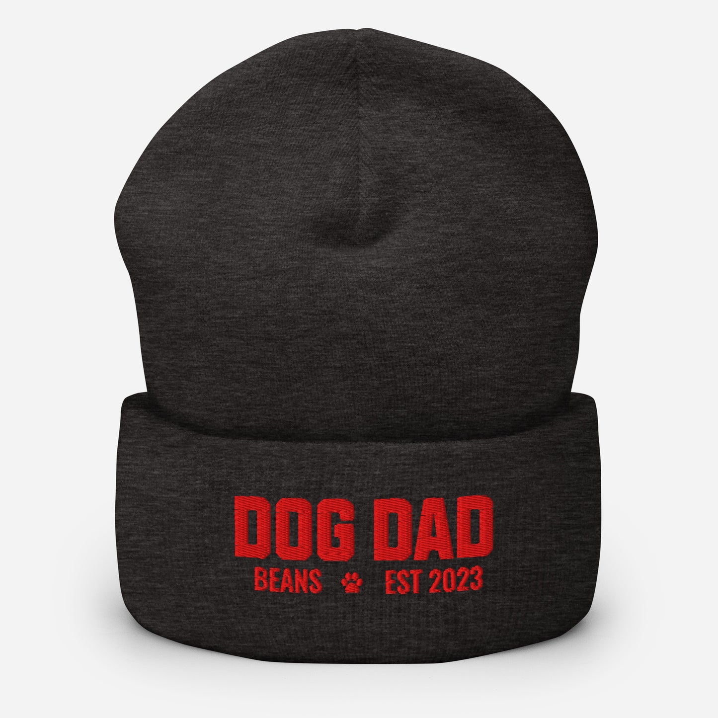 Custom Dog Dad with Dog Name Embroidered Cuffed Beanie . Dark Grey