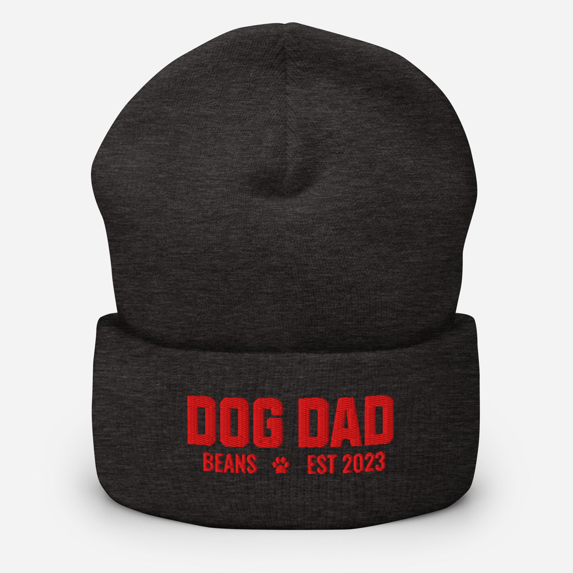 Custom Dog Dad with Dog Name Embroidered Cuffed Beanie . Dark Grey
