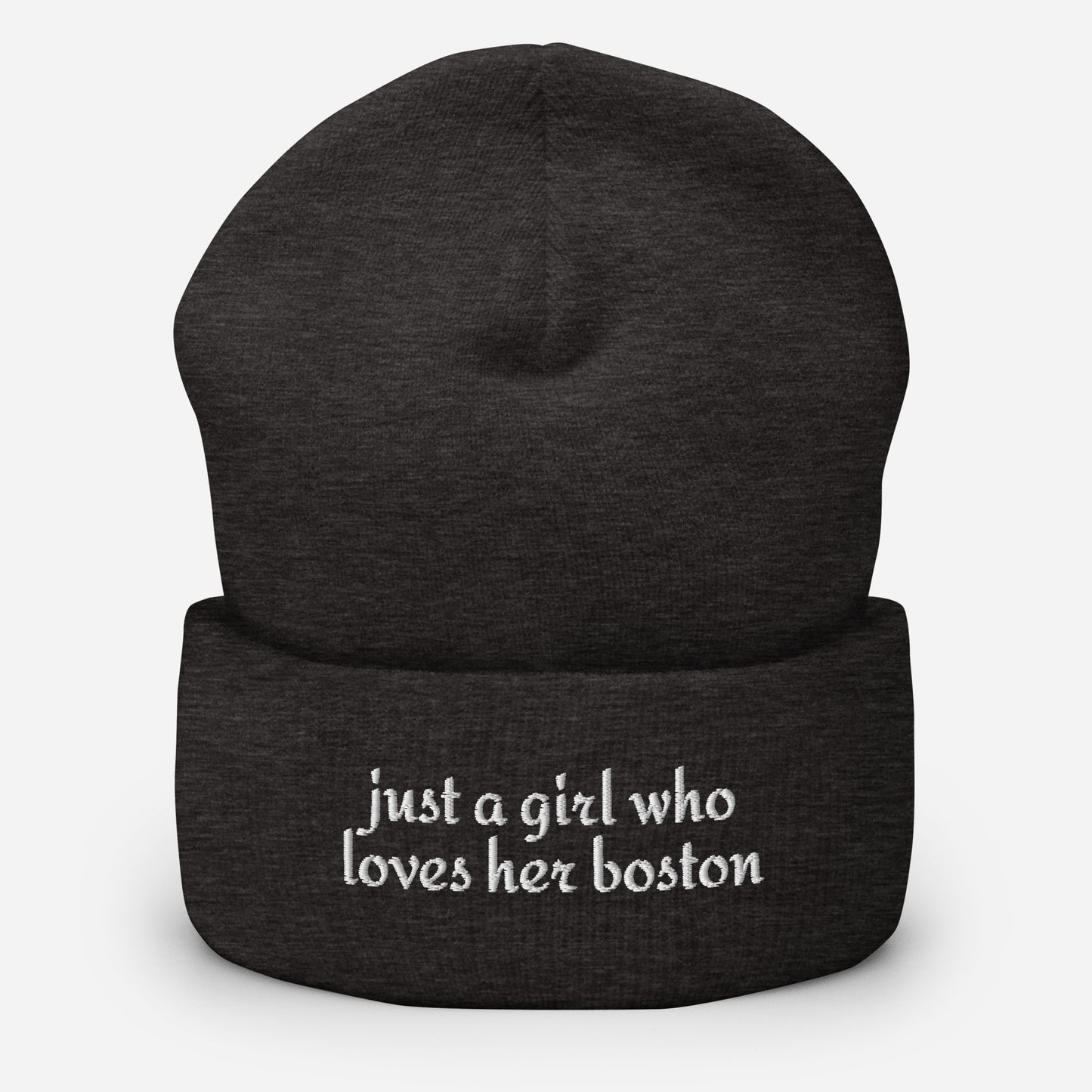 Just A Girl Who Loves Her Boston Cuffed Beanie . Dark Grey