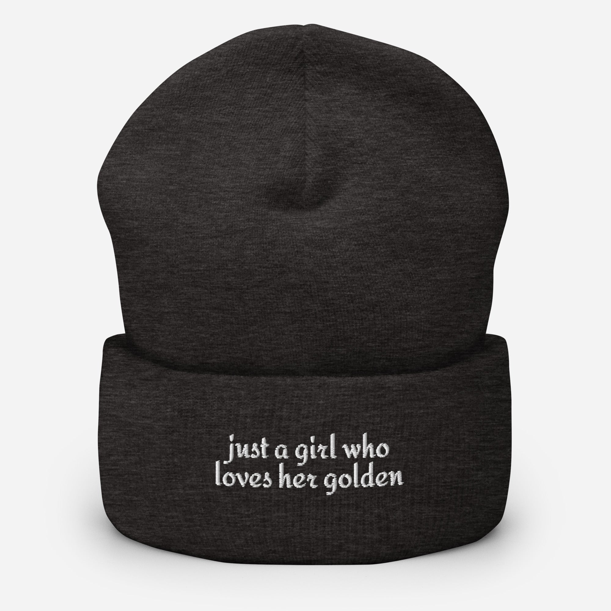 Just A Girl Who Loves Her Golden Cuffed Beanie . Dark Grey
