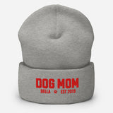 Custom Dog Mom with Dog Name Embroidered Cuffed Beanie . Heather Grey
