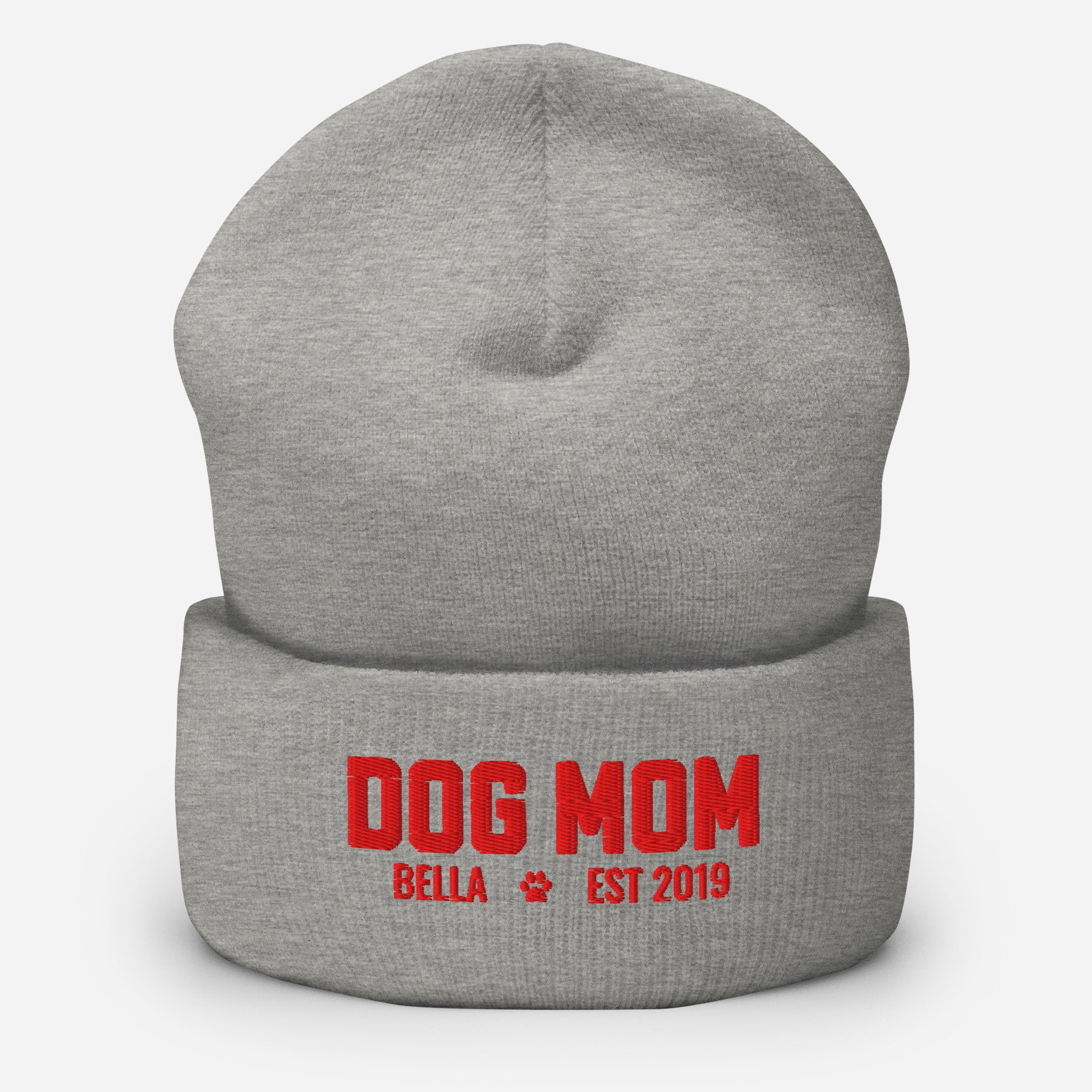 Custom Dog Mom with Dog Name Embroidered Cuffed Beanie . Heather Grey