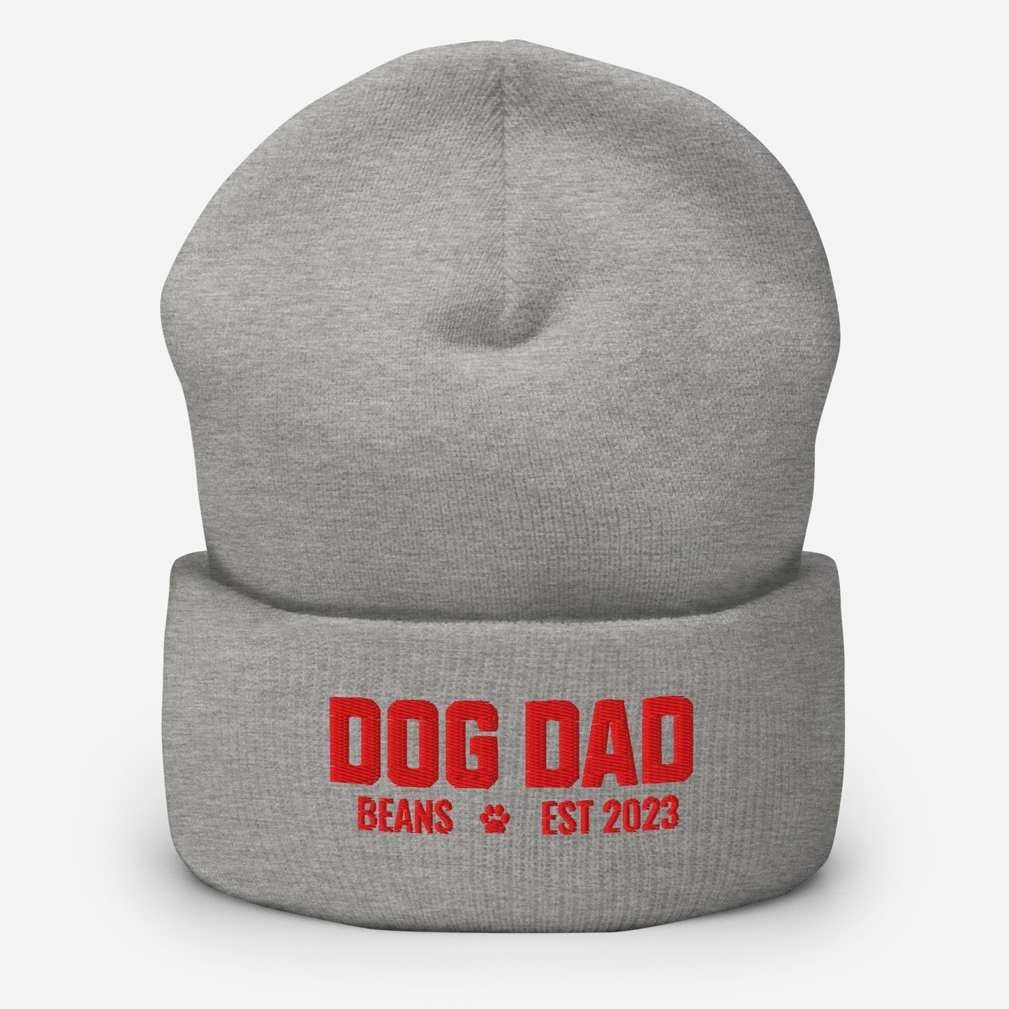 Custom Dog Dad with Dog Name Embroidered Cuffed Beanie . Heather Grey