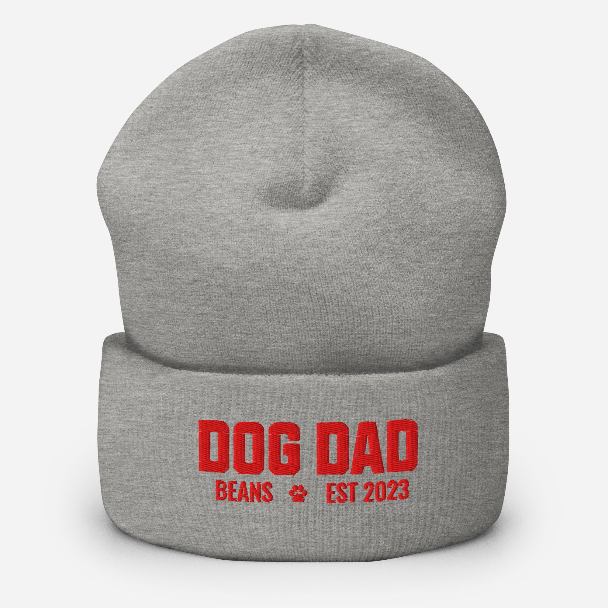 Custom Dog Dad with Dog Name Embroidered Cuffed Beanie . Heather Grey