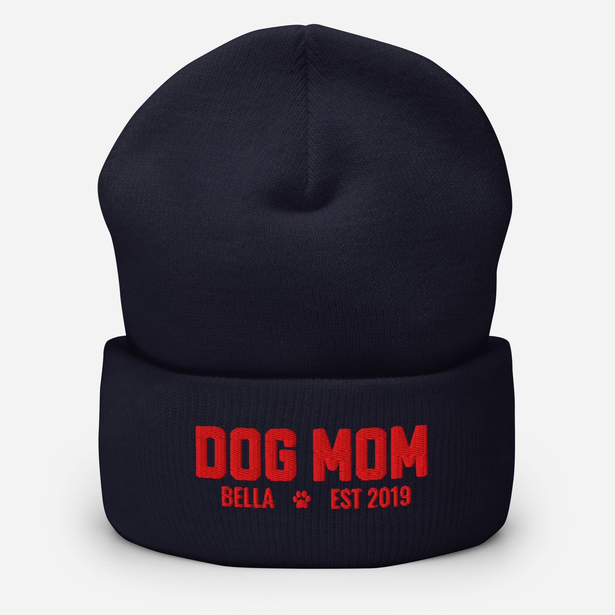 Custom Dog Mom with Dog Name Embroidered Cuffed Beanie . Navy
