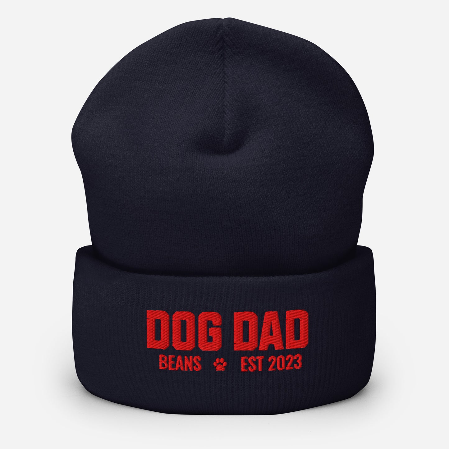 Custom Dog Dad with Dog Name Embroidered Cuffed Beanie . Navy